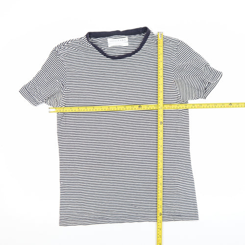 Zara Women Blue Striped Relaxed Fit Cotton T-Shirt Size S