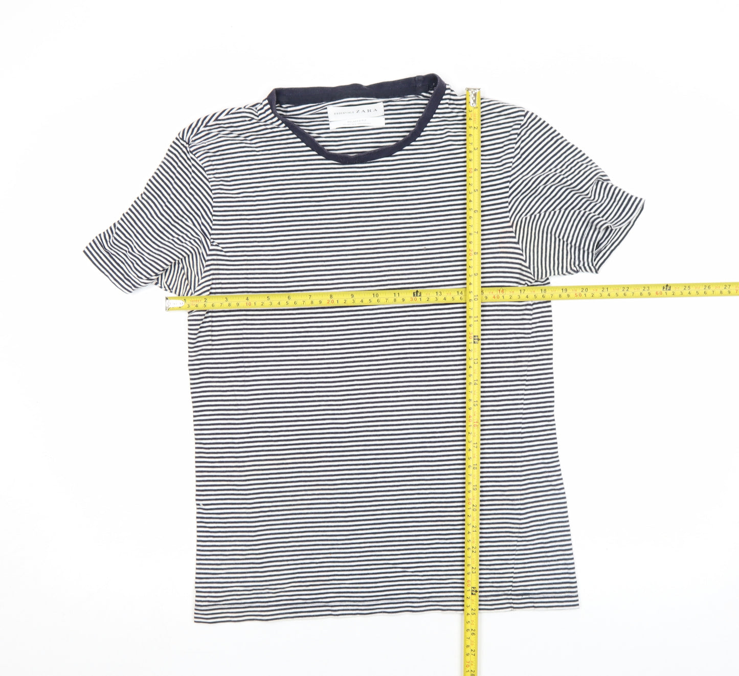 Zara Women Blue Striped Relaxed Fit Cotton T-Shirt Size S