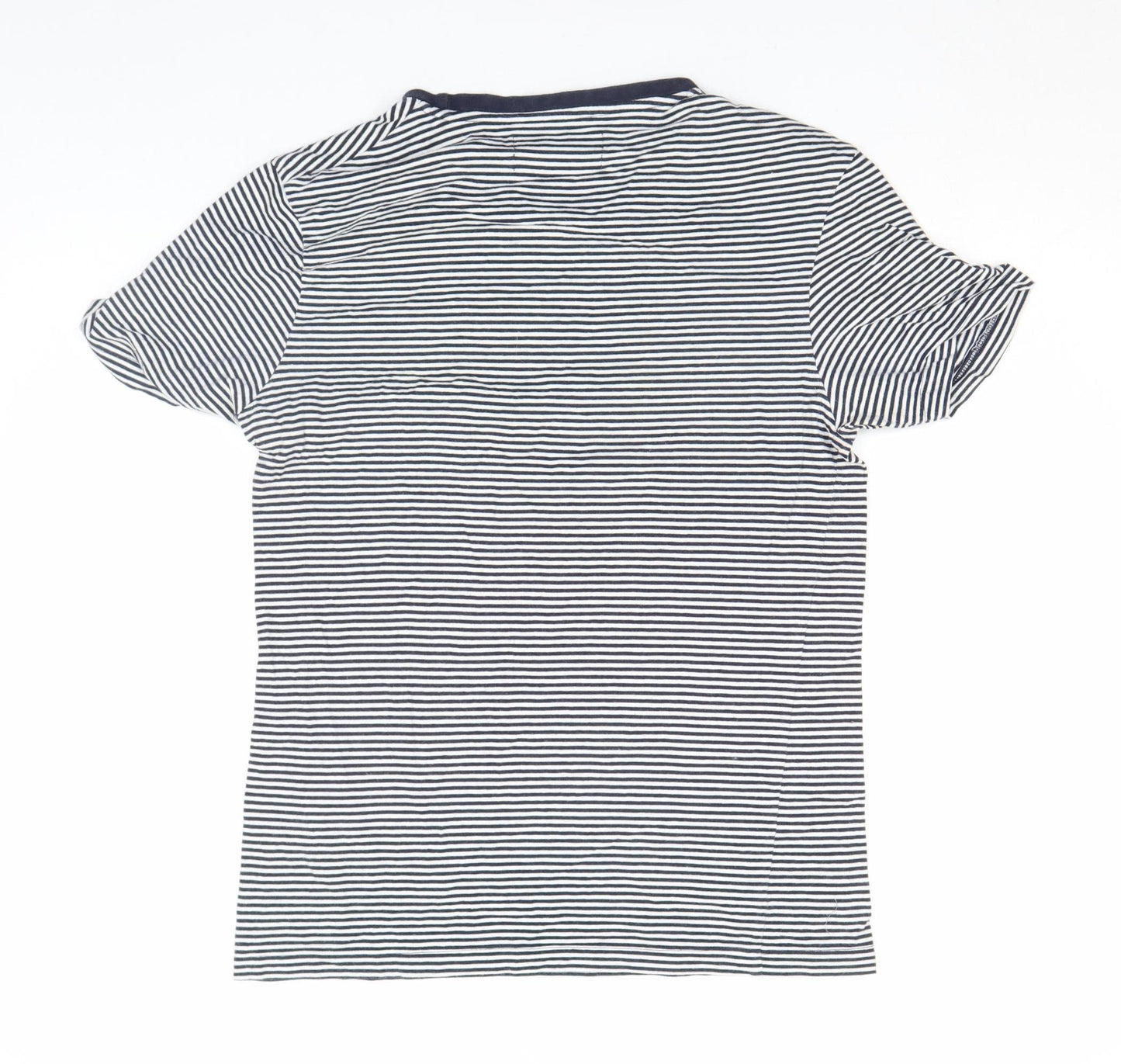 Zara Women Blue Striped Relaxed Fit Cotton T-Shirt Size S