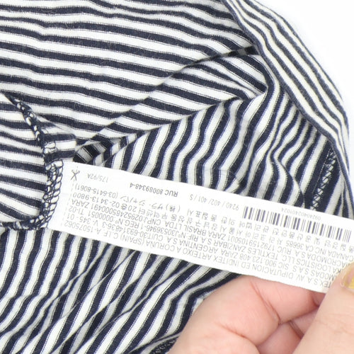 Zara Women Blue Striped Relaxed Fit Cotton T-Shirt Size S