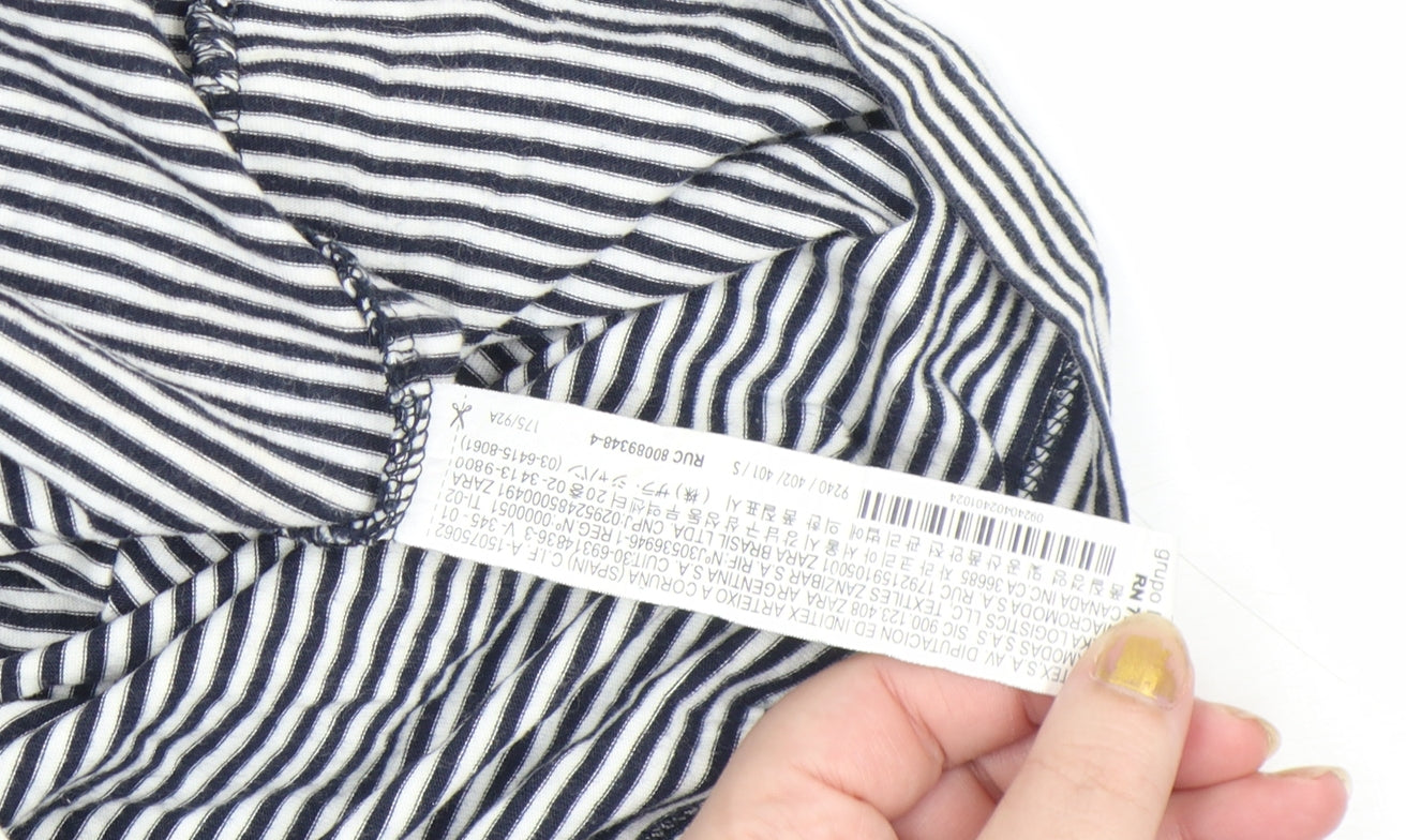 Zara Women Blue Striped Relaxed Fit Cotton T-Shirt Size S