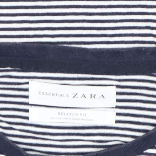 Zara Women Blue Striped Relaxed Fit Cotton T-Shirt Size S