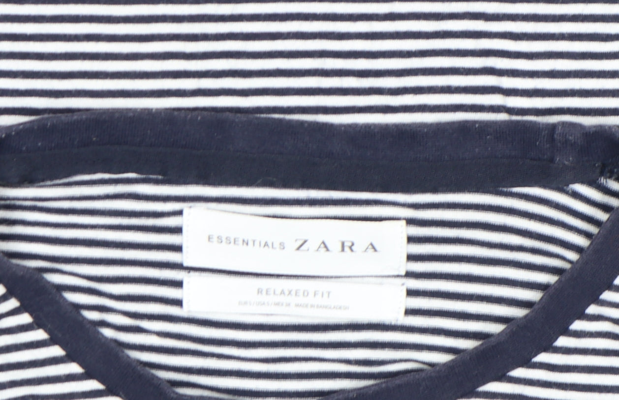 Zara Women Blue Striped Relaxed Fit Cotton T-Shirt Size S