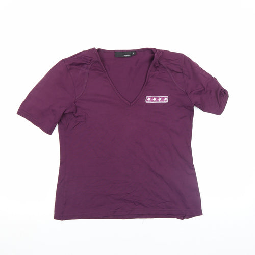 Hennes Women's Purple V-Neck Short Sleeve Stretch T-Shirt Size L