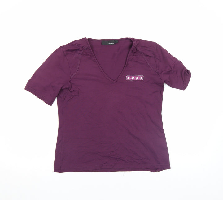 Hennes Women's Purple V-Neck Short Sleeve Stretch T-Shirt Size L