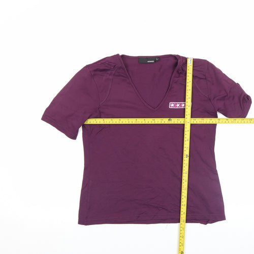 Hennes Women's Purple V-Neck Short Sleeve Stretch T-Shirt Size L