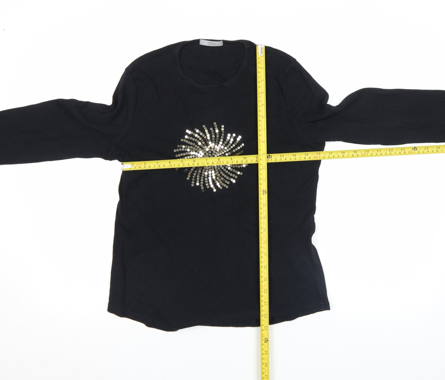 Marks and Spencer Women's Black Sequin Long Sleeve Cotton T-Shirt UK 12