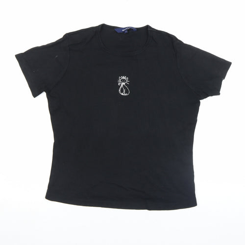 Casual Club Women's Black Rhinestone Cat Cotton Stretch T-Shirt Size 12