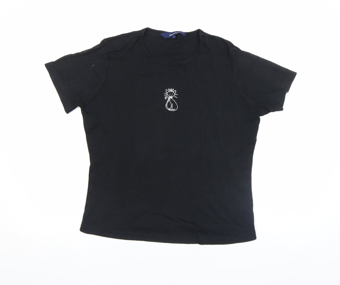 Casual Club Women's Black Rhinestone Cat Cotton Stretch T-Shirt Size 12