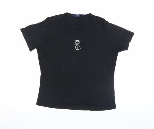 Casual Club Women's Black Rhinestone Cat Cotton Stretch T-Shirt Size 12