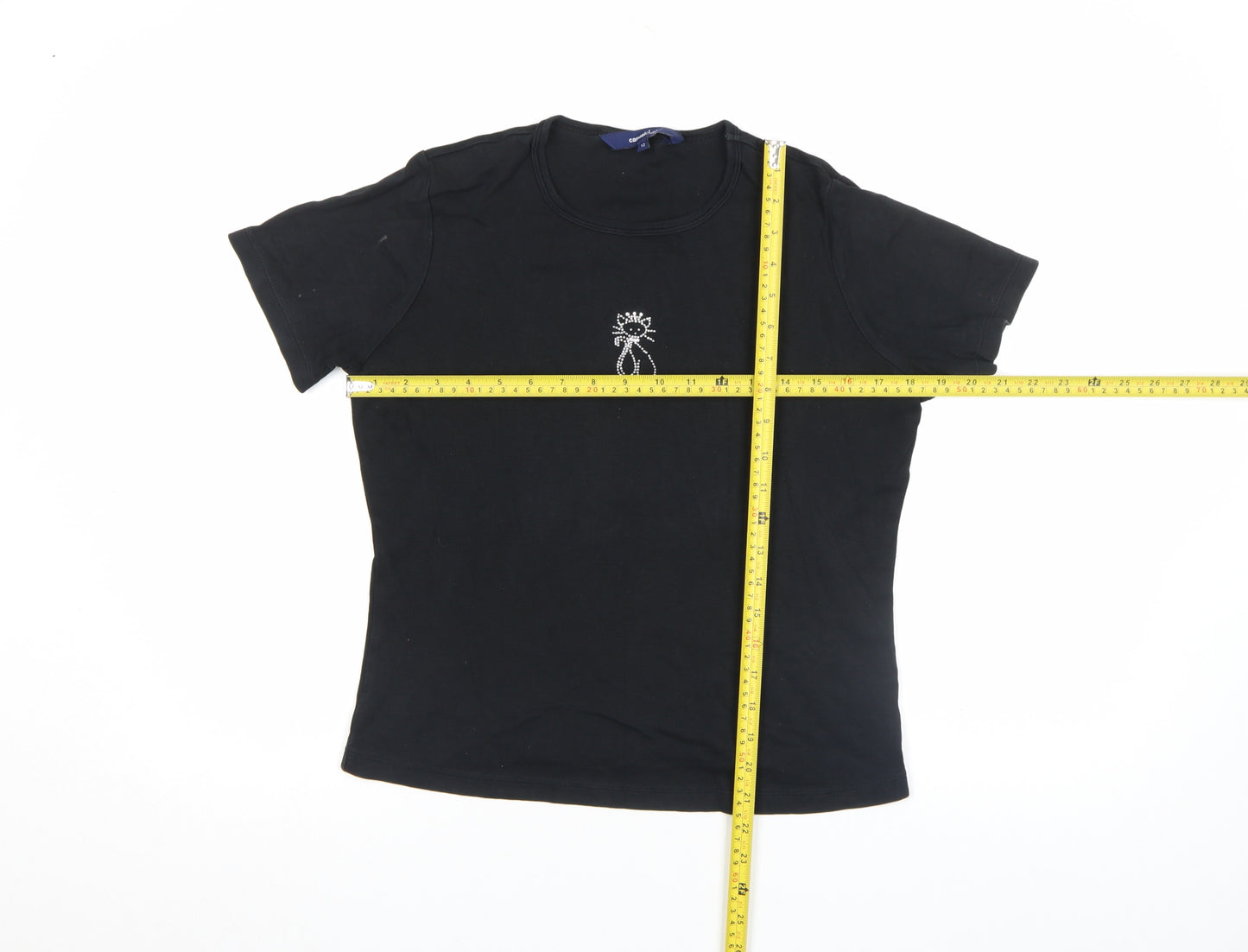 Casual Club Women's Black Rhinestone Cat Cotton Stretch T-Shirt Size 12