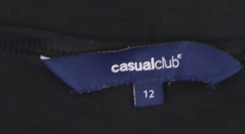 Casual Club Women's Black Rhinestone Cat Cotton Stretch T-Shirt Size 12