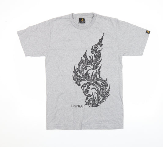 LineTHAI by Chaiyos Men’s Grey Cotton Art Print Short Sleeve T-Shirt M
