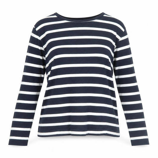 Front view of French Connection Women's Blue Striped Long Sleeve Cotton T-Shirt, size L