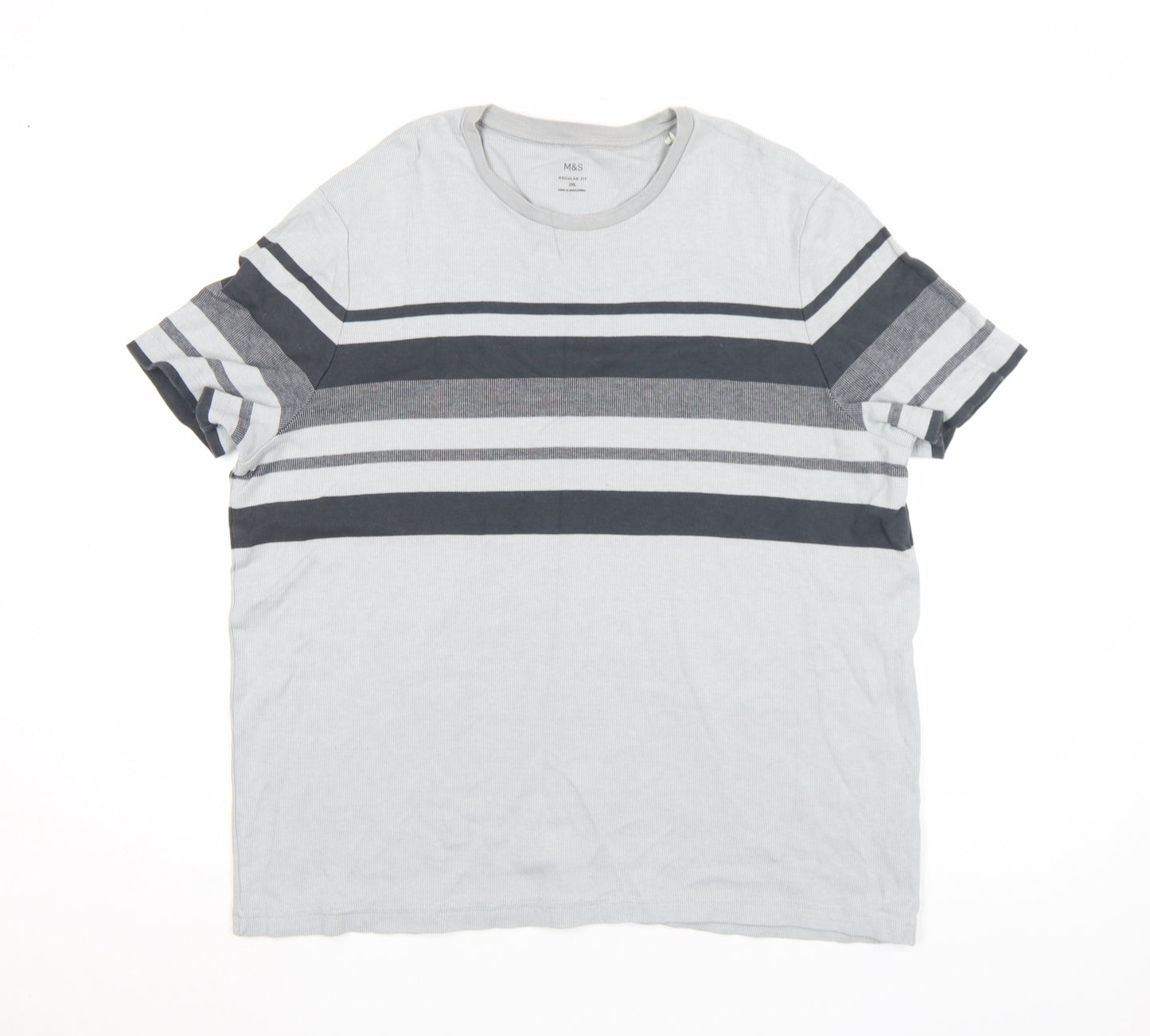 Marks and Spencer Men's Grey Striped Cotton Crew Neck T-Shirt 2XL Regular Fit