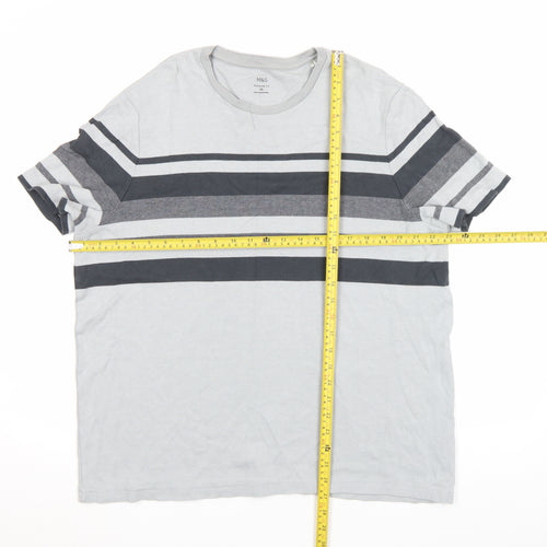 Marks and Spencer Men's Grey Striped Cotton Crew Neck T-Shirt 2XL Regular Fit