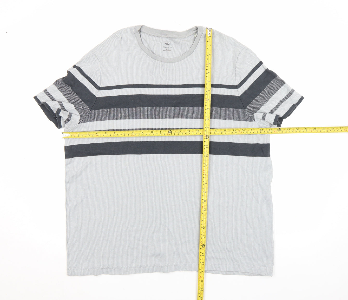 Marks and Spencer Men's Grey Striped Cotton Crew Neck T-Shirt 2XL Regular Fit