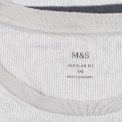 Marks and Spencer Men's Grey Striped Cotton Crew Neck T-Shirt 2XL Regular Fit