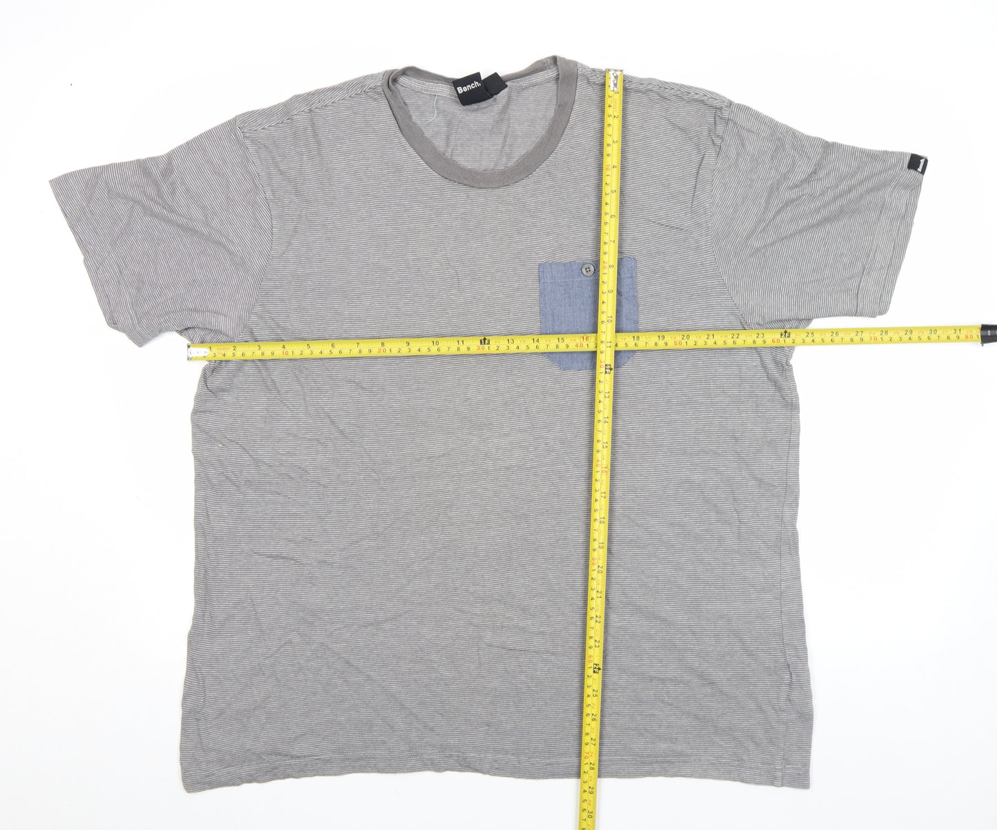 Bench Men's Grey Striped Crew Neck Pocket T-Shirt Size L