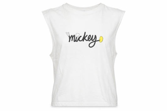Front view of H&M Divided Women's White Mickey Mouse Sleeveless Cropped T-Shirt M