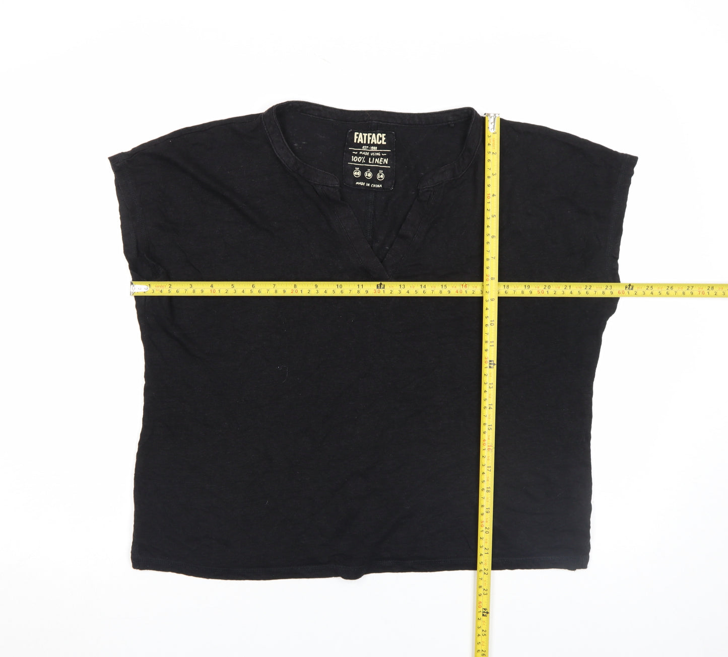 FatFace Women's Black Linen V-Neck Short Sleeve Blouse Size 18