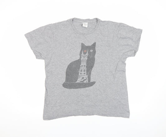 Stedman Women's Grey Cotton Cat Print Short Sleeve T-Shirt M