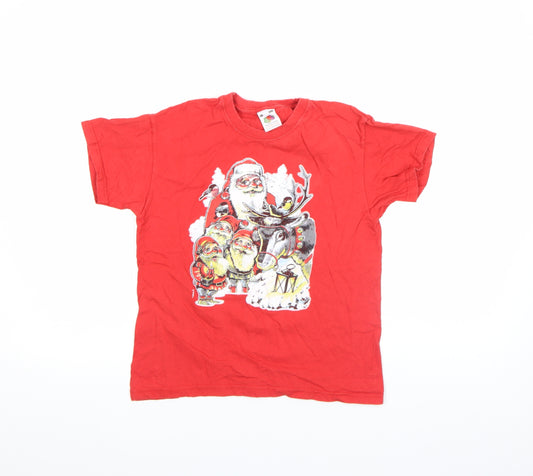 Fruit of the Loom Girls Red Christmas Santa Graphic Cotton T-Shirt M