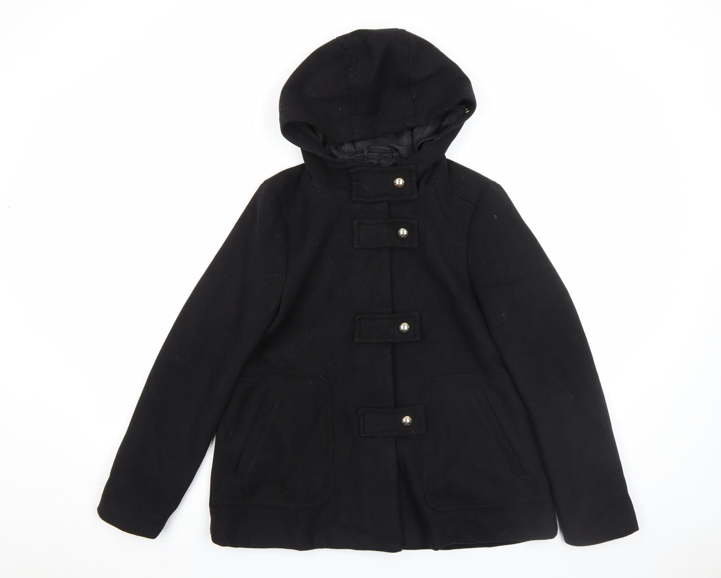 Zara Women’s Black Wool Blend Hooded Duffle Coat XS