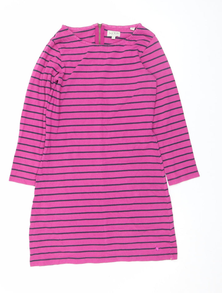 Jack Wills Women Pink & Navy Striped Shift Dress UK 8 Long Sleeve Cotton