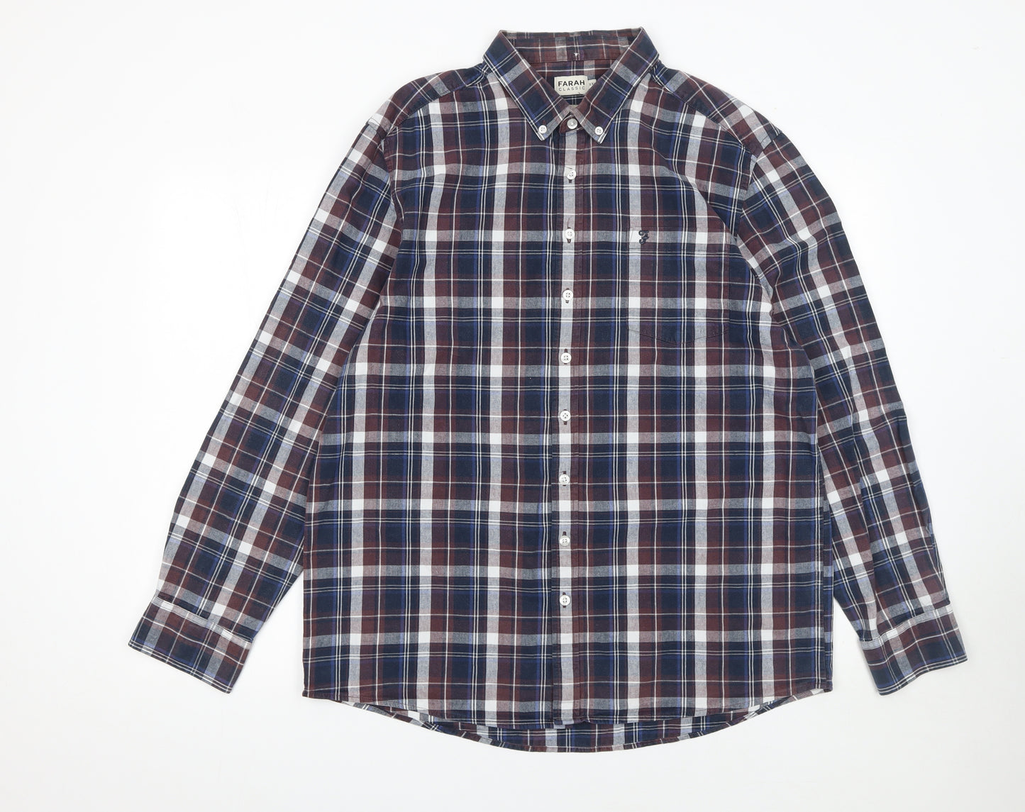 Farah Classic Men's Blue Check Long Sleeve Button-Up Shirt 2XL