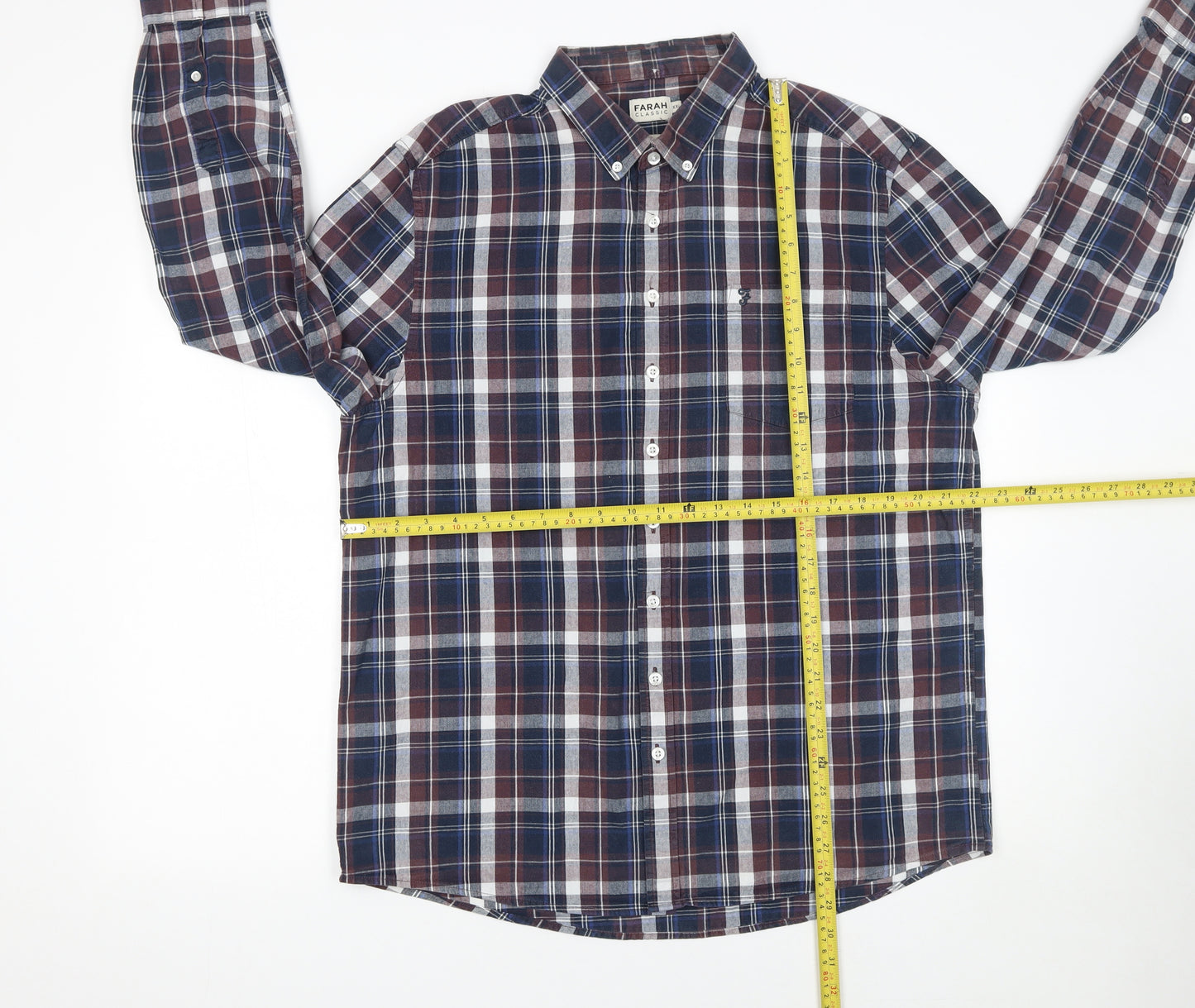 Farah Classic Men's Blue Check Long Sleeve Button-Up Shirt 2XL