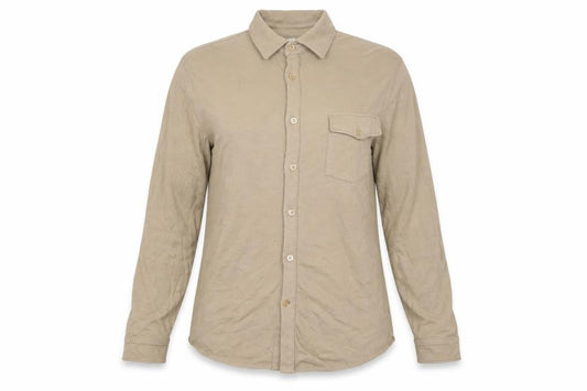 Front view of Reiss Women’s Beige Collared Long Sleeve Button-Up Shirt, size M