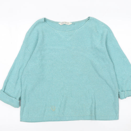 Fat Face Women’s Blue Cotton Relaxed V-Neck 3/4 Sleeve Jumper Size 14