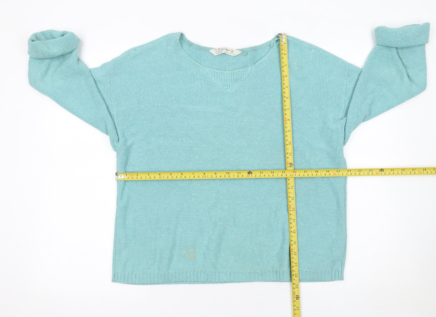 Fat Face Women’s Blue Cotton Relaxed V-Neck 3/4 Sleeve Jumper Size 14