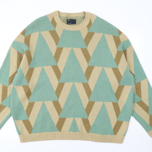 ASOS DESIGN Men's Green Beige Geometric Pullover Jumper Size L