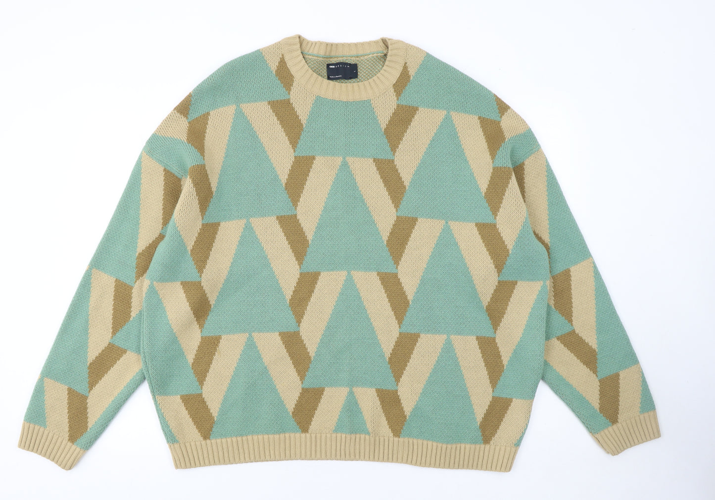ASOS DESIGN Men's Green Beige Geometric Pullover Jumper Size L