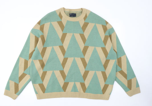 ASOS DESIGN Men's Green Beige Geometric Pullover Jumper Size L