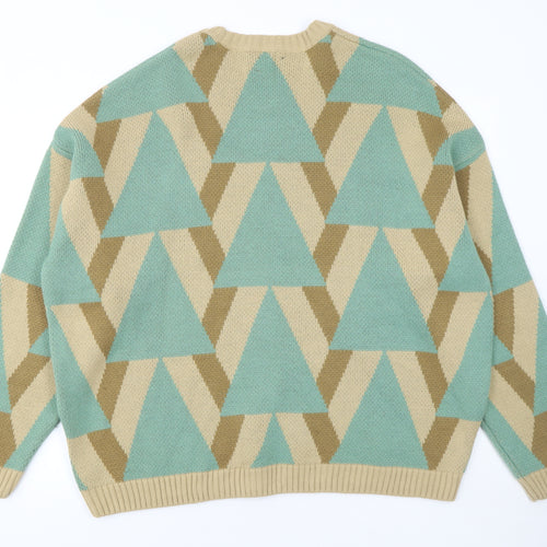 ASOS DESIGN Men's Green Beige Geometric Pullover Jumper Size L