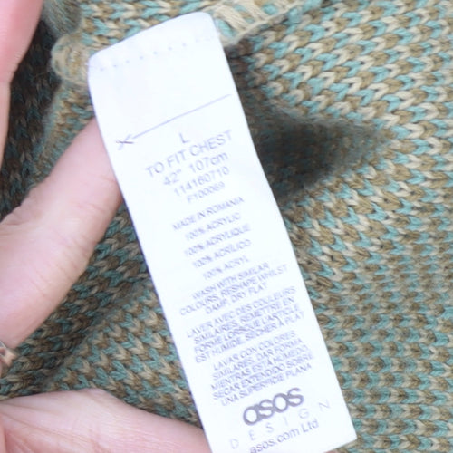 ASOS DESIGN Men's Green Beige Geometric Pullover Jumper Size L