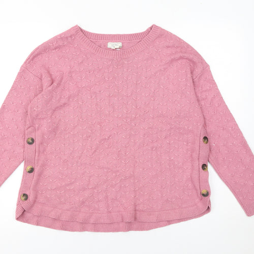 Fat Face Women Pink Crew Neck Side Button Knit Jumper Size 14
