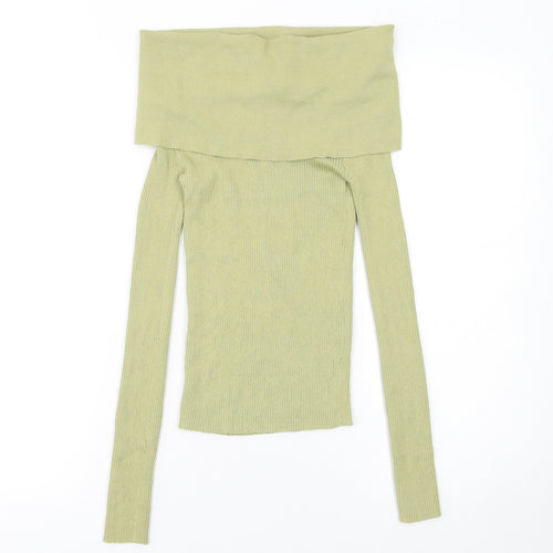 Zara Women's Green Off Shoulder Rib Knit Jumper Size 12