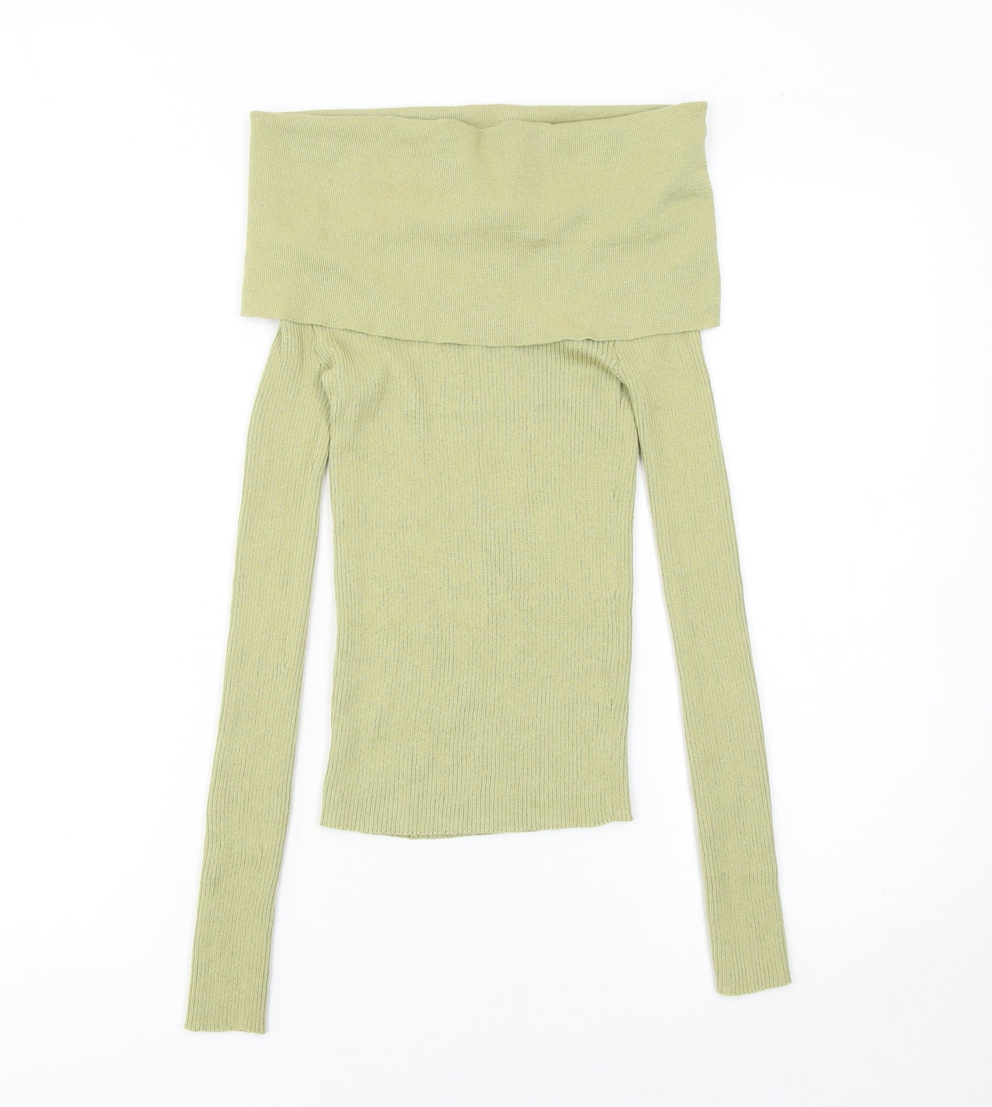Zara Women's Green Off Shoulder Rib Knit Jumper Size 12