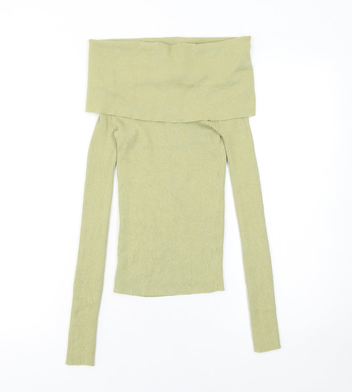 Zara Women's Green Off Shoulder Rib Knit Jumper Size 12