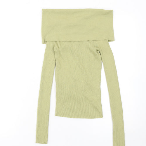 Zara Women's Green Off Shoulder Rib Knit Jumper Size 12