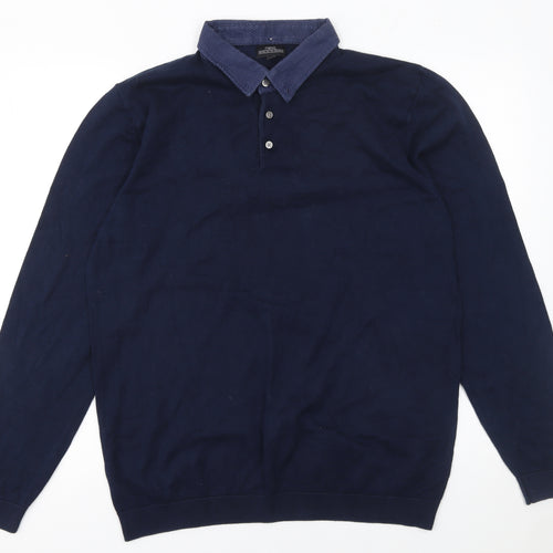 Next Men's Blue Cotton Blend Long Sleeve Polo Shirt Size L