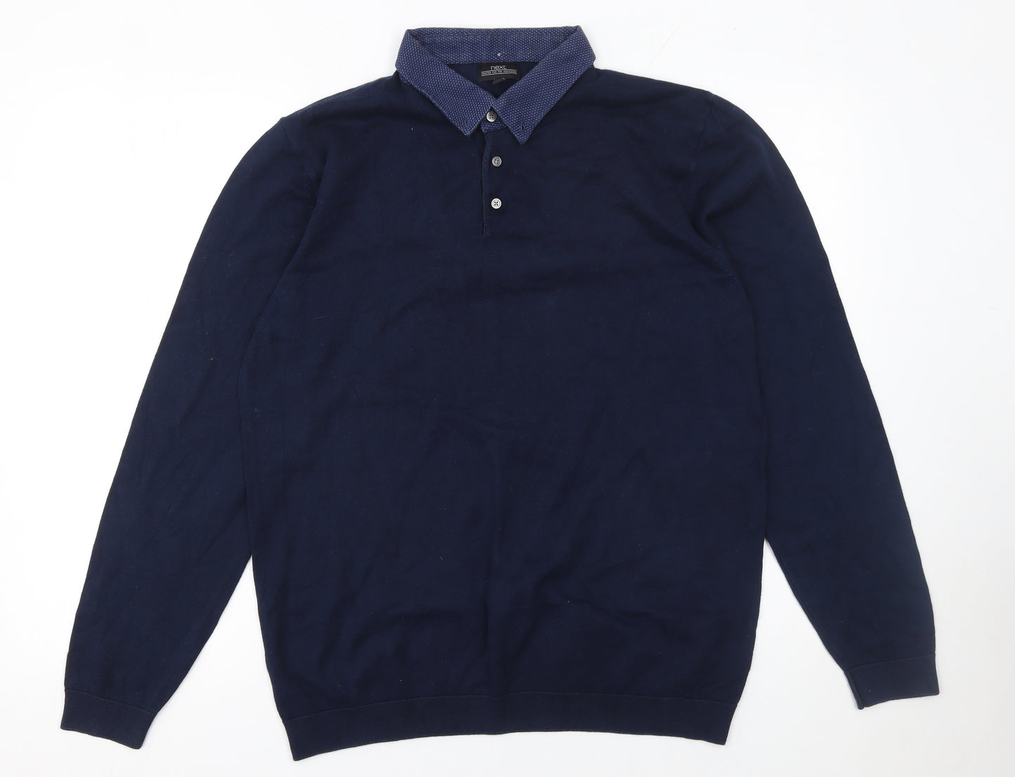 Next Men's Blue Cotton Blend Long Sleeve Polo Shirt Size L