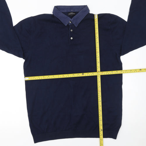 Next Men's Blue Cotton Blend Long Sleeve Polo Shirt Size L