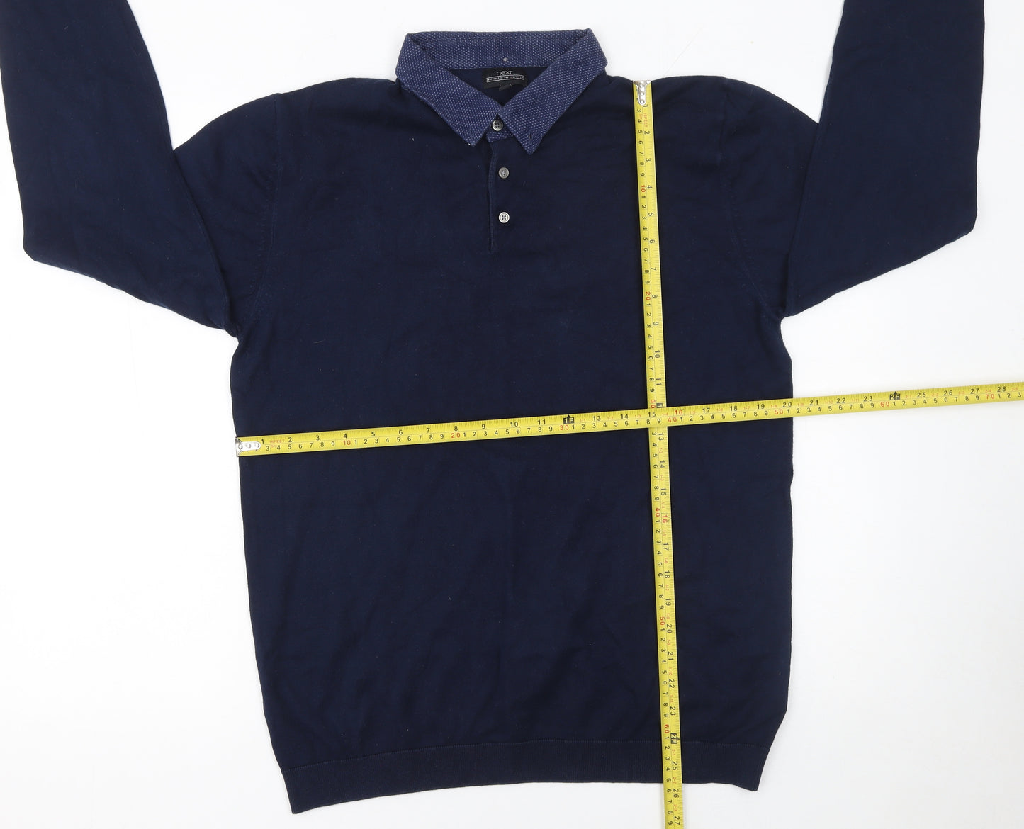 Next Men's Blue Cotton Blend Long Sleeve Polo Shirt Size L