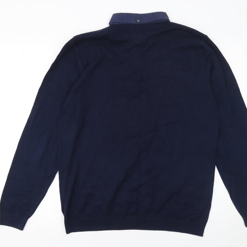 Next Men's Blue Cotton Blend Long Sleeve Polo Shirt Size L