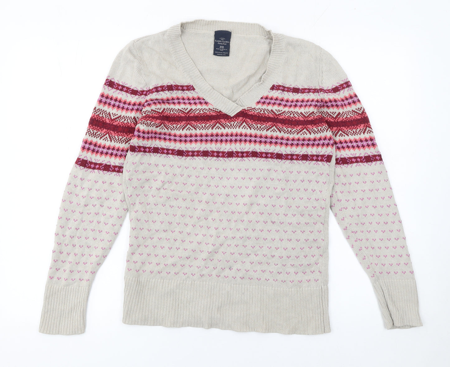Faded Glory Womens Beige Fair Isle V-Neck Cotton Jumper Size S